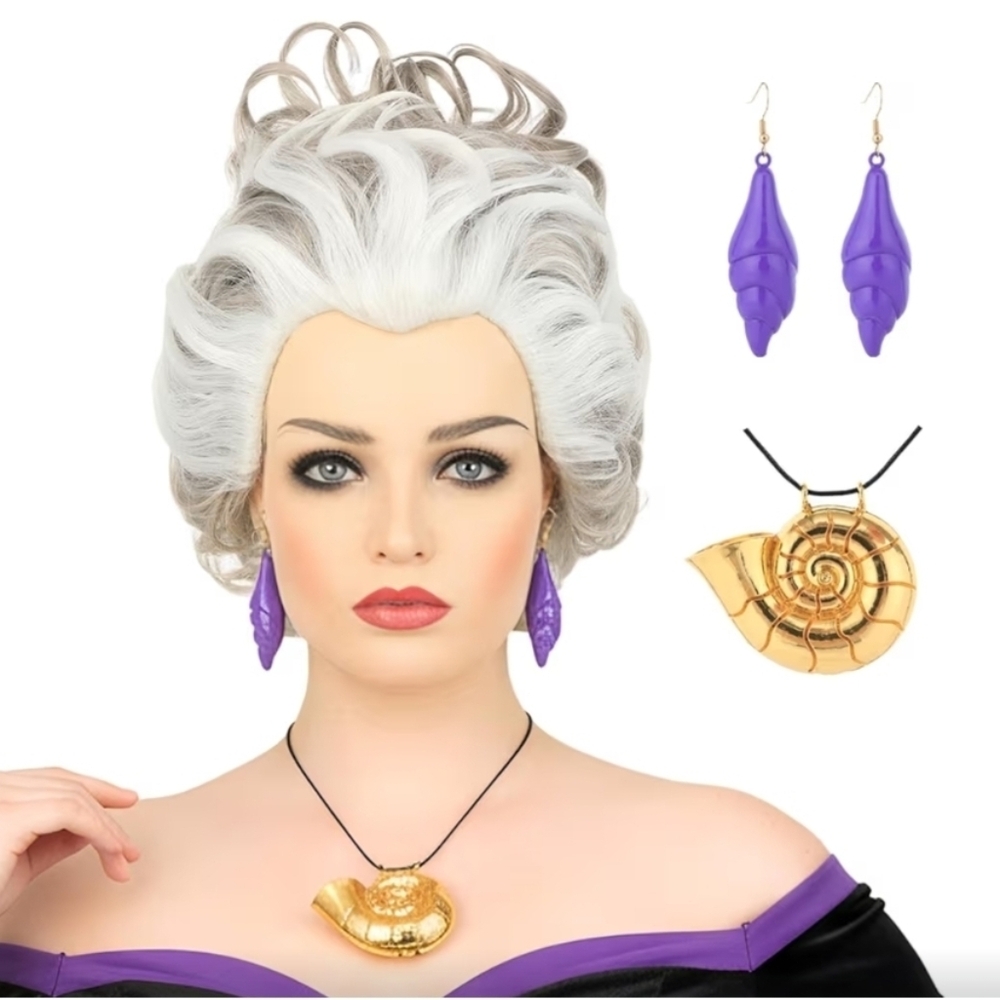 Short Gray White Undersea Witch Costume Wigs with Shell Necklace and Earrings